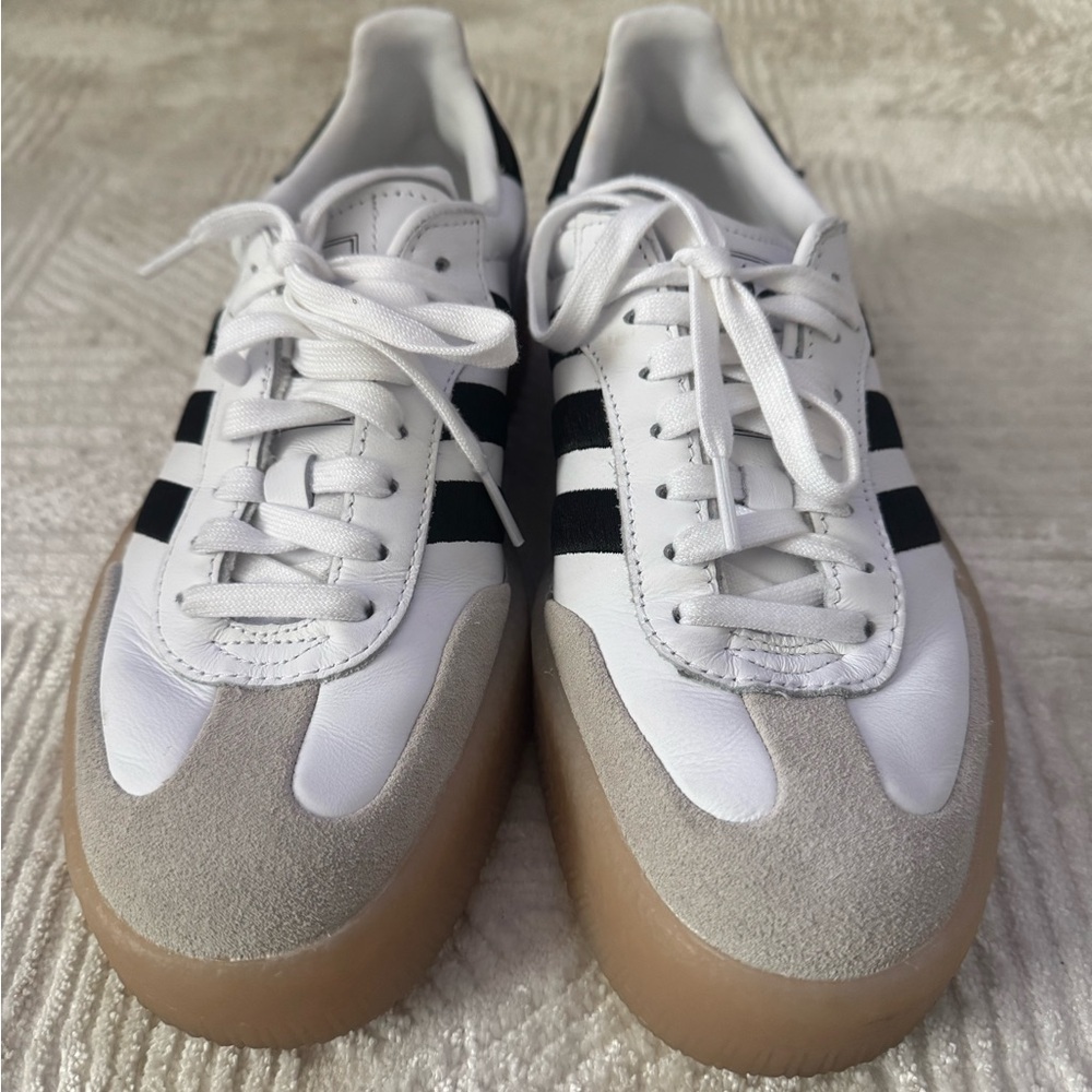 Adidas women’s  White and Black Sneakers with Tan Sole